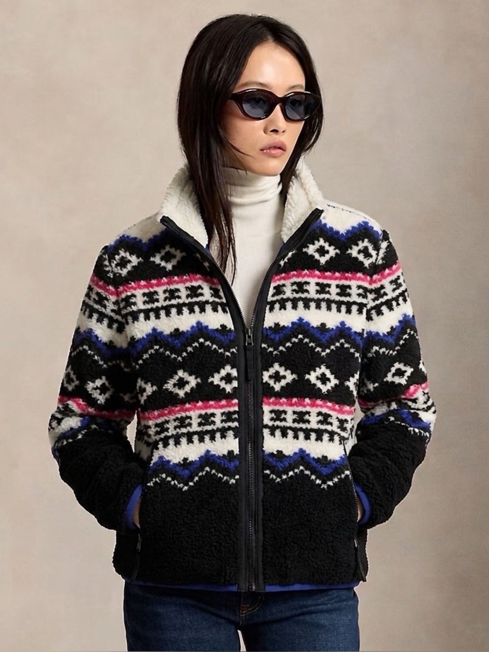 RALPH LAUREN Women’s Jacquard Aztec Full Zip Fleece Jacket, Multicolour, Medium